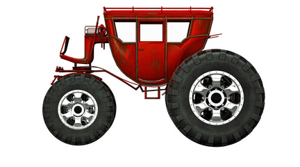 Vecchia carrozza rossa steampunk senza cavalli, con ruote giganti da fuoristrada, illustrazione 3d, rendering 3d - obrazy, fototapety, plakaty