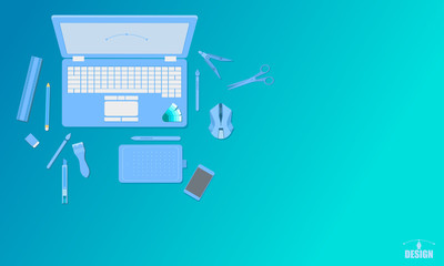 creative art design studio top view concept blue tone vector illustration eps10