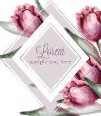Pink tulip flowers card Vector watercolor. Spring summer decor frame illustrations