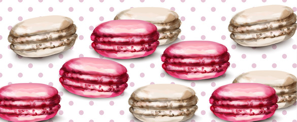 Macaroons retro background Vector watercolor. Banner template sweet french decors