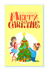 Obraz na płótnie Canvas Merry Christmas winter holidays greeting card vector. Boy in Santa hat and girl decorating pine tree with garlands star and bauble, gifts under spruce