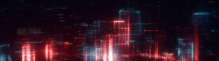 3d rendered wide abstract futuristic night city concept. Transparent business skyscrapers made of bright particles. Hologram buildings. Interface elements. Architectural digital technology structure