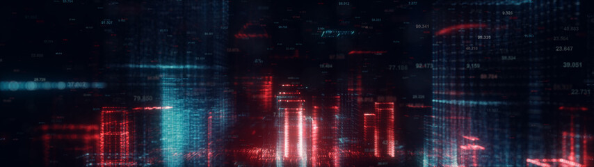 3d rendered wide abstract futuristic night city concept. Transparent business skyscrapers made of bright particles. Hologram buildings. Interface elements. Architectural digital technology structure