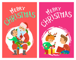 Merry Christmas holidays, children opening presents, boy telling wishes on Santa knees vector in round brush frame. Girl and boy kids unpacking gifts