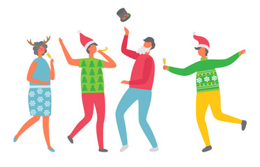 Colleagues at corporative, isolated vector. Cheerful people celebrating Christmas party. Cartoon man with glass of champagne, woman in horns accessory dancing