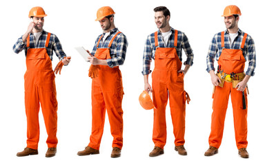 collage of handsome repairman in orange uniform writing in notebook and talking on smartphone isolated on white