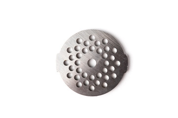 Sieve (nozzle) for meat grinder isolated on white background.