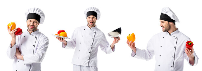 collage of handsome chef in white uniform smiling and holding bell peppers isolated on white