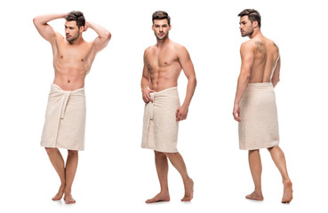 collage of handsome young man wrapped lower body with towel, upper body without clothes isolated on white - Powered by Adobe