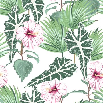 Seamless pattern with tropical leaves and paradise pink hibiscus flowers. Light green palm leaves on the white background. Tropical illustration. Jungle foliage.