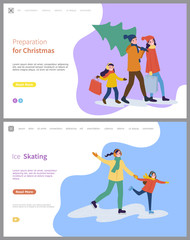 Preparation for Christmas father carrying pine evergreen tree from shop vector. People returning home with packages, mother and daughter on ice rink