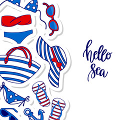 Obraz premium Striped blue, white and red beach accessories in a marine style. Female summer bikini swimsuit, hat, bag, sunglasses, flip flops,