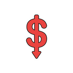 Flat design style vector concept of dollar symbol icon with arrow pointing down on white. Colored, black outlines.