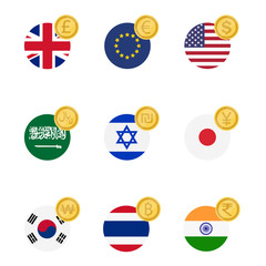 World currency flags and symbol coins set, collection