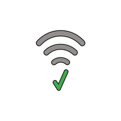 Flat design style vector concept of wifi symbol icon with check mark on white. Colored, black outlines.