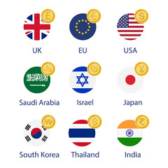 World currency flags and symbol coins set, collection