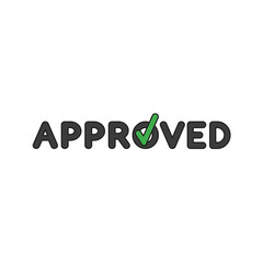 Flat design style vector concept of approved text with check mark icon on white. Colored, black outlines.