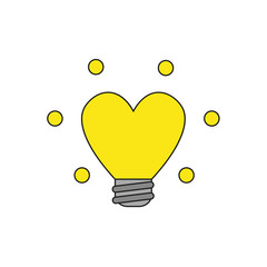 Flat design style vector concept of glowing heart-shaped light bulb icon on white. Colored, black outlines.
