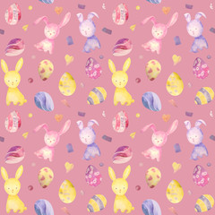 Cute baby easter rabbit seamless pattern, illustration for children clothing. Watercolor Hand drawn