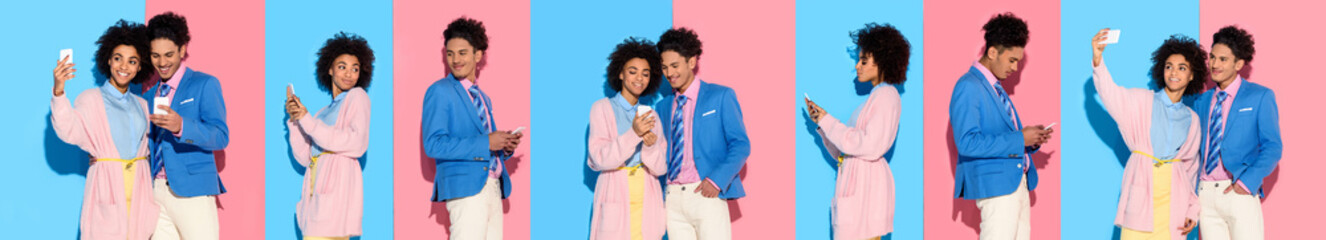 collage of young african american man and woman taking selfie and looking at smartphone on blue and pink background