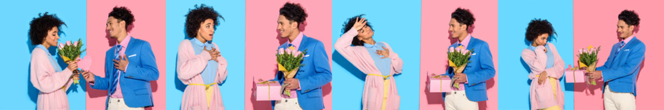 Collage Of Young African American Man Giving Gift And Flowers To African American Woman On Blue And Pink Background