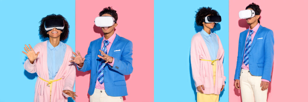collage of young african american man and woman having fun with virtual reality headset on blue and pink background - Powered by Adobe