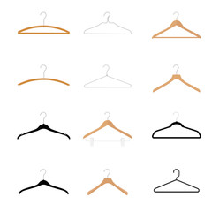 ooden, plastic and metal wire coat hangers, clothes hanger on a white background