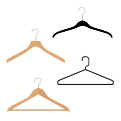 Wooden, plastic and metal wire coat hangers, clothes hanger on a white background