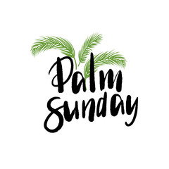 Obraz premium Green Palm leafs vector icon. Palm Sunday text handwritten font.