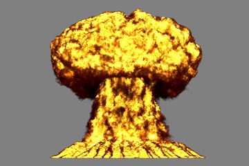 blast 3D illustration of huge highly detailed mushroom cloud explosion with fire and smoke looks like from atom bomb or any other big explosives isolated on grey