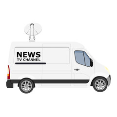 TV News car with equipment on the roof. Van on isolated background. Vector illustration