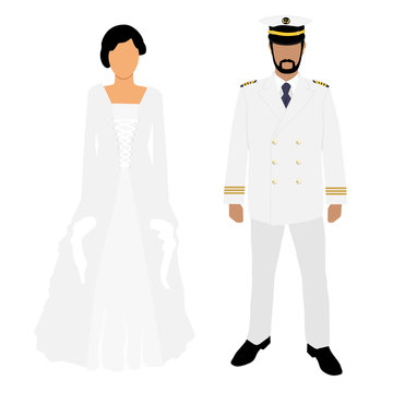 Woman in white wedding dress and man captain in white uniform