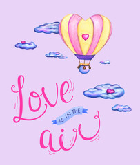 Love is in the air romantic background for valentines day with heart shaped hot air balloon flying in the sky. Cute clouds and hearts over pink background. Hand drawn illustration for card or poster.