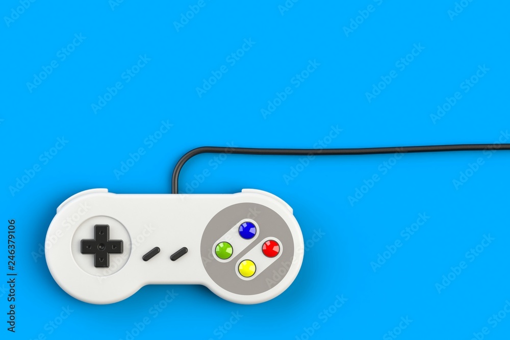 Wall mural video game console gamepad. gaming concept. top view retro joystick isolated on blue background, 3d 