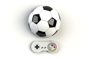 Video game console GamePad. Gaming concept. Top view retro joystick with soccer ball isolated on white background, 3D rendering