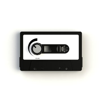 Close up of vintage audio tape cassette with volume knob concept illustration on white background, Top view with copy space, 3d rendering