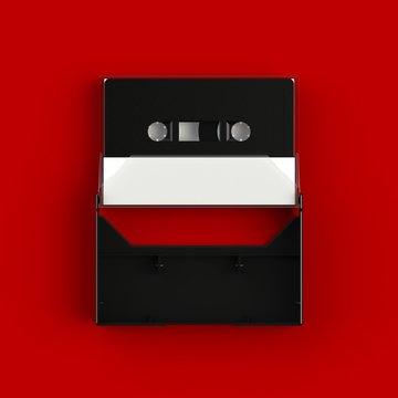 Close up of vintage audio tape cassette with cassette tape box concept illustration on red background, Top view with copy space, 3d rendering