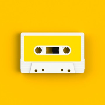 Close up of vintage audio tape cassette illustration on yellow background, Top view with copy space, 3d rendering