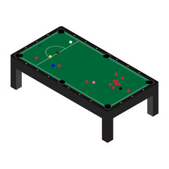 Vector illustration realistic snooker pool table with set of billiard balls and cue.