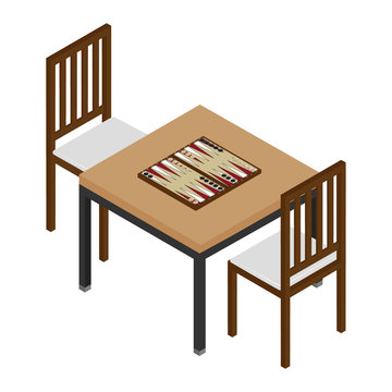 Isometric backgammon wooden board and chips for game. Table with board game and two chairs