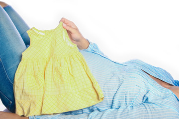 Happy pregnant girl lies on white background