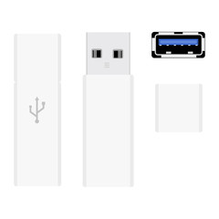 White realistic USB flash drives opened and closed vector illustration. Memory sticks and USB port
