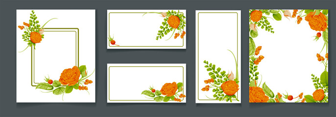 Set of card with flower orange rose, dogrose, fern, leaves. Wedding ornament concept. White color