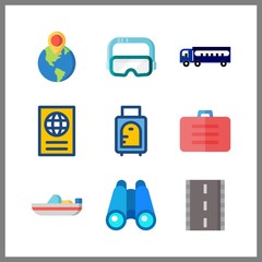 9 trip icon. Vector illustration trip set. suitcase and goggles icons for trip works