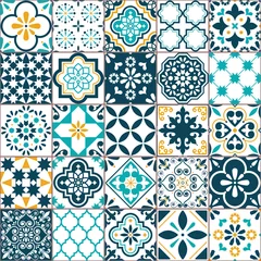 Fototapete Portugal Keramikfliesen Geometrisches Azulejo-Fliesenvektormuster von Lissabon, portugiesisches oder spanisches Retro-altes Fliesenmosaik, mediterranes nahtloses türkisfarbenes und gelbes Design