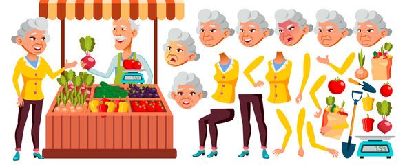 Asian Old Woman Vector. Senior Person Portrait. Elderly People. Aged. Animation Creation Set. Ecological Vegetables, Market. Emotions, Gestures. Active Grandparent. Animated. Isolated Illustration