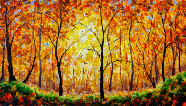 Original oil painting on canvas Autumn forest landscape © weris7554