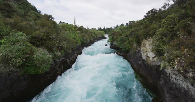 New Zealand nature landscape tourist attraction Huka Falls on the Waikato River, near Taupo on New Zealand's North Island. Most visited natural attraction in New Zealand