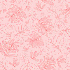 Vector line art leaves seamless pattern on baby pink color, wallpaper, backgrounds, fabric design