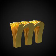3D Letter M lowercase. 3D render cutaway gold font isolated on black background
